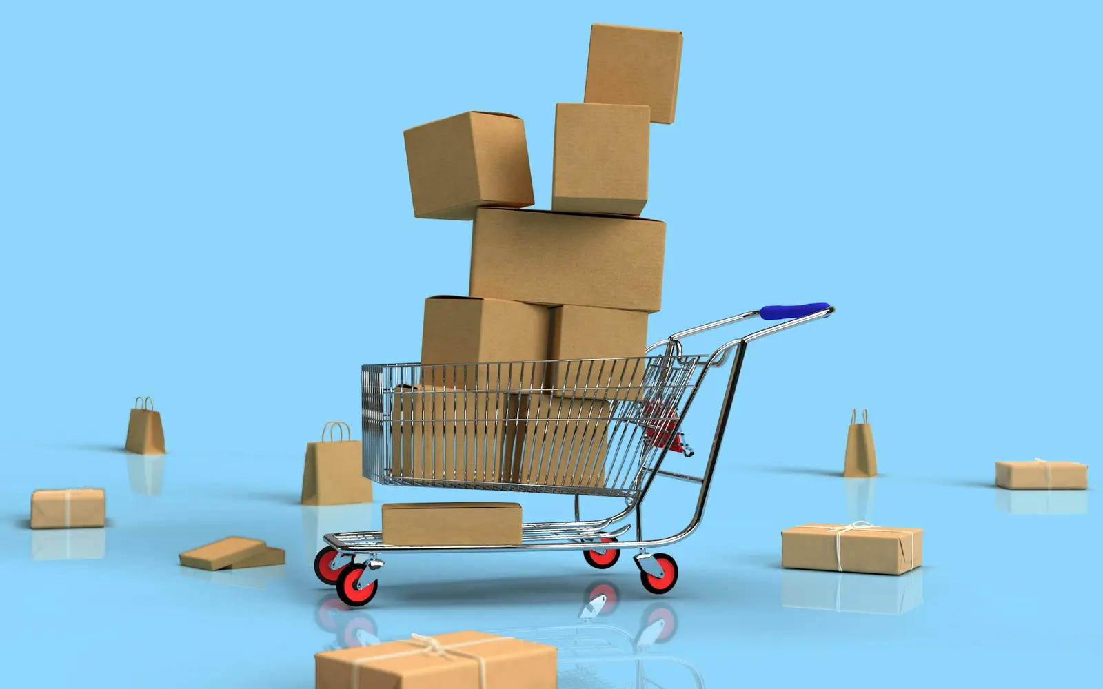A shopping trolley and parcels representing ecommerce website costs