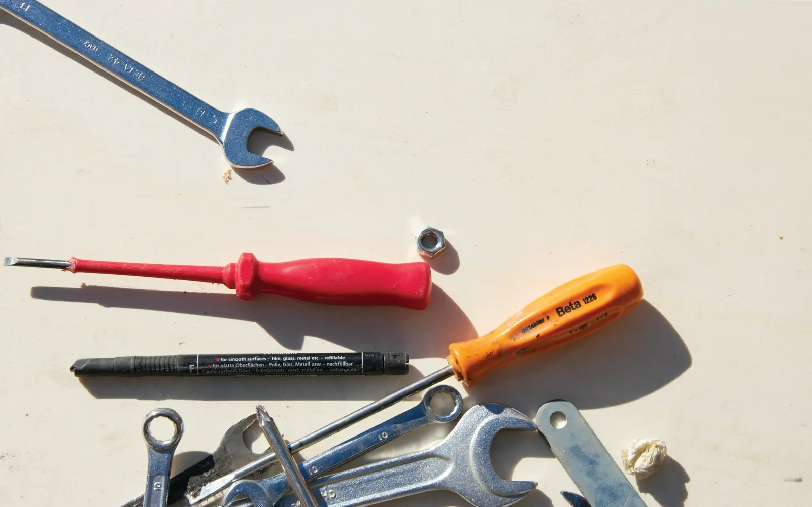 Professional trade tools arranged on a workbench