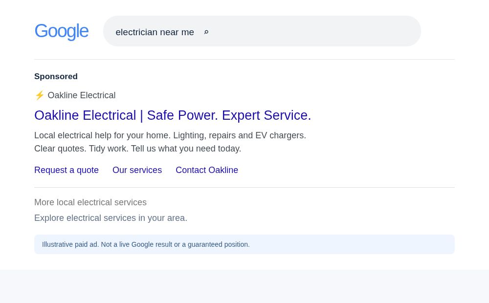 Illustrative Google paid search result showing Oakline Electrical at the top