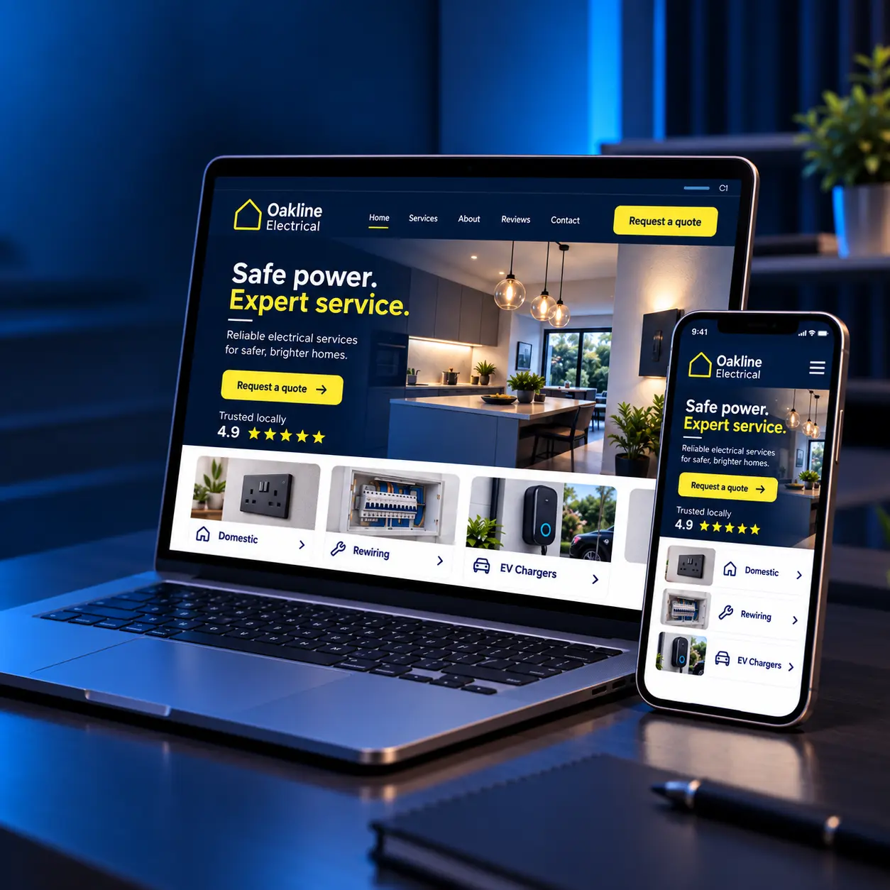 Oakline Electrical customer website displayed on a laptop and mobile phone