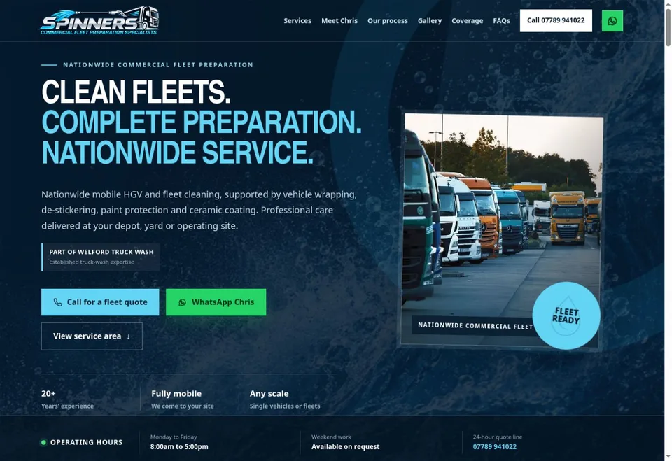 Actual Spinners Fleet Services homepage, showing nationwide fleet preparation services and call and WhatsApp quote options