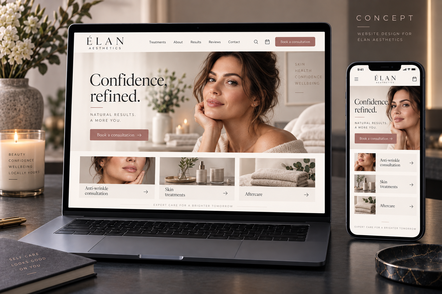 Elan Aesthetics responsive website shown on a laptop and mobile phone