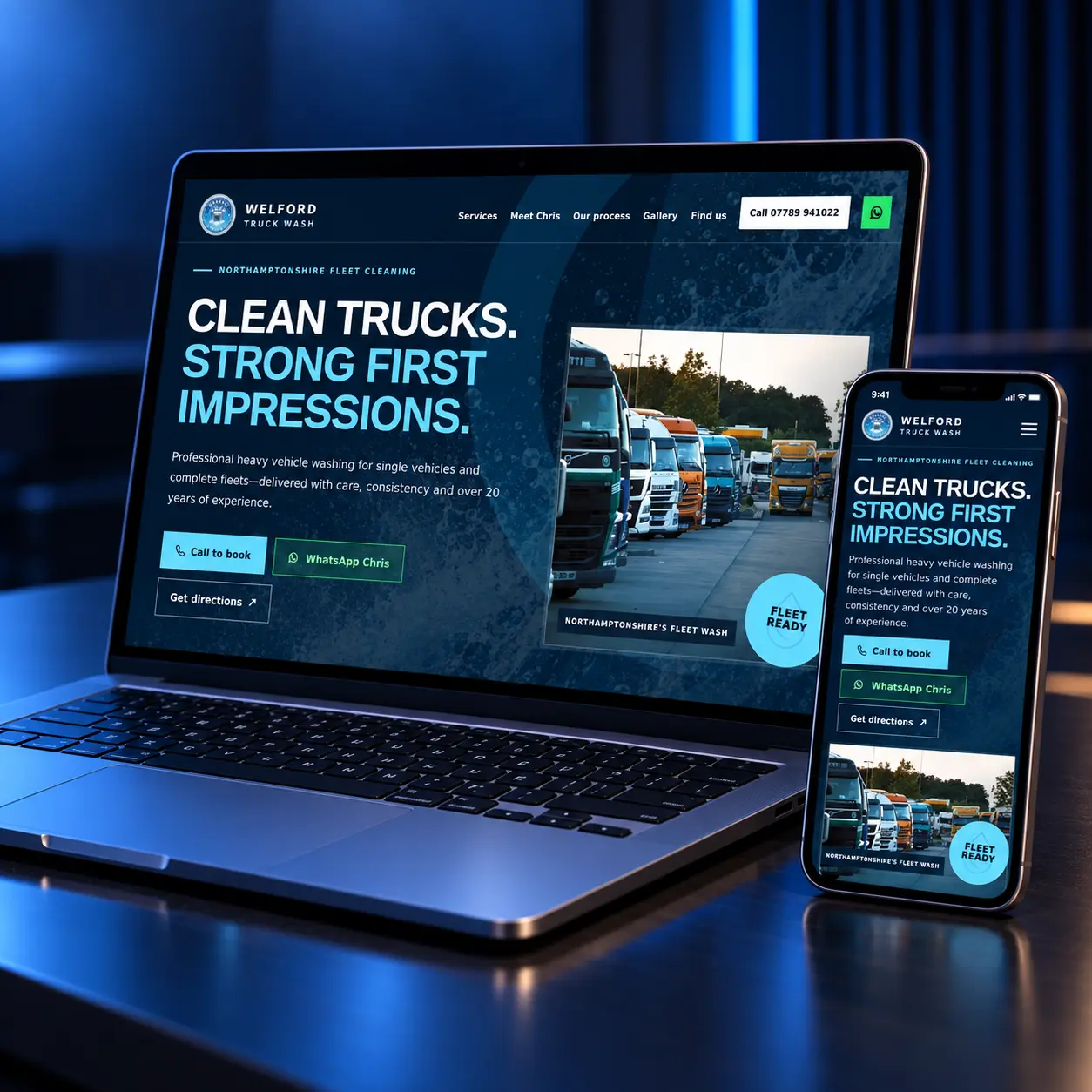 Welford Truck Wash customer website displayed on a laptop and mobile phone